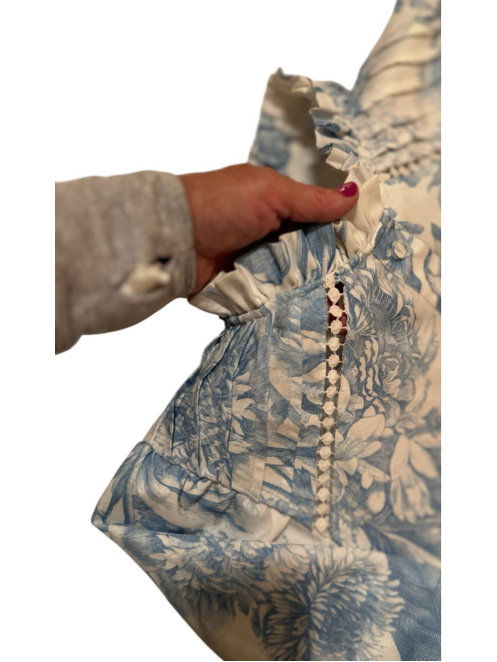 AVE Linen Floral Blouse Womens XL Ruffle Collar Covered Buttons Balloon Sleeves - Picture 7 of 17